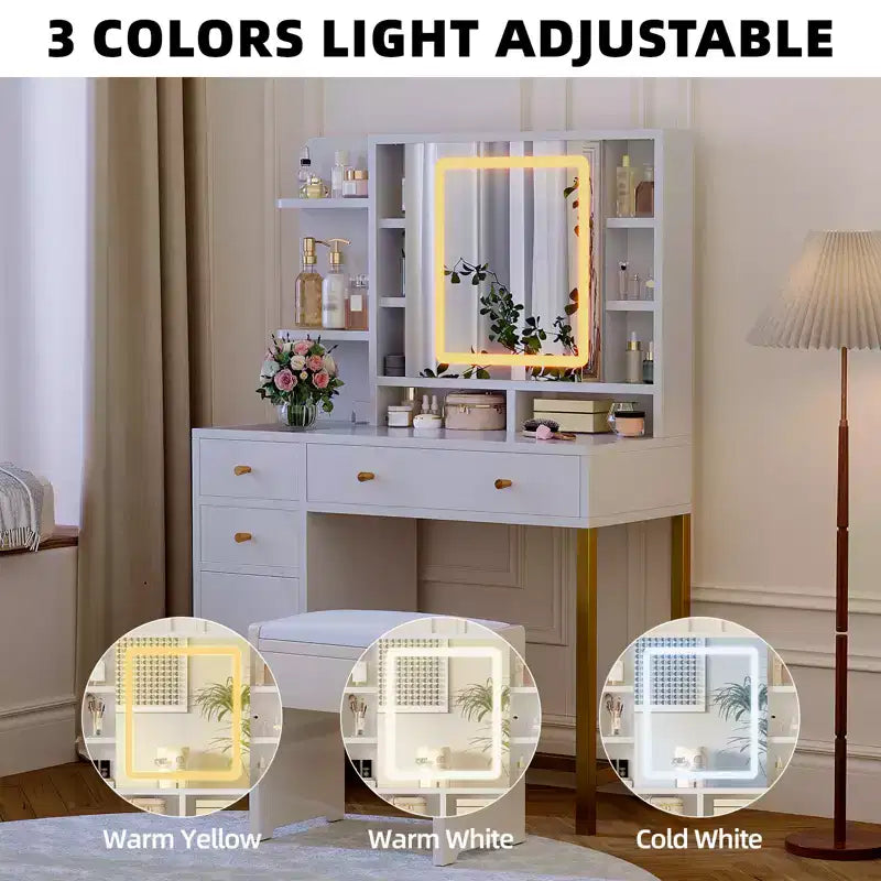 Tavolo da trucco, toeletta e tavolo da toilette con specchio illuminato a LED e presa di corrente, 3 modalità di illuminazione