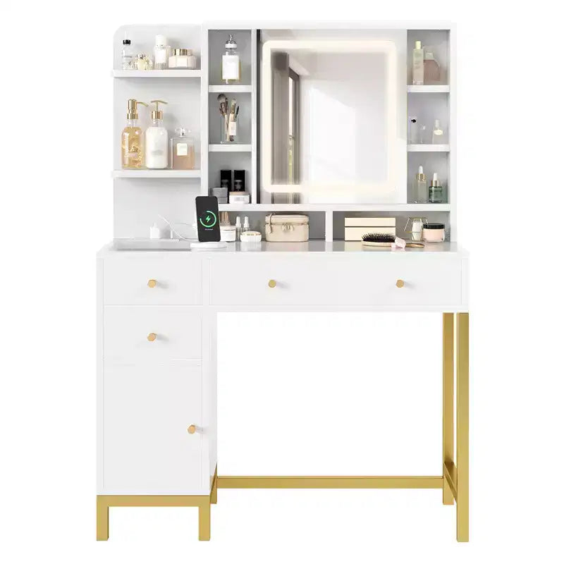 Tavolo da trucco, toeletta e tavolo da toilette con specchio illuminato a LED e presa di corrente, 3 modalità di illuminazione