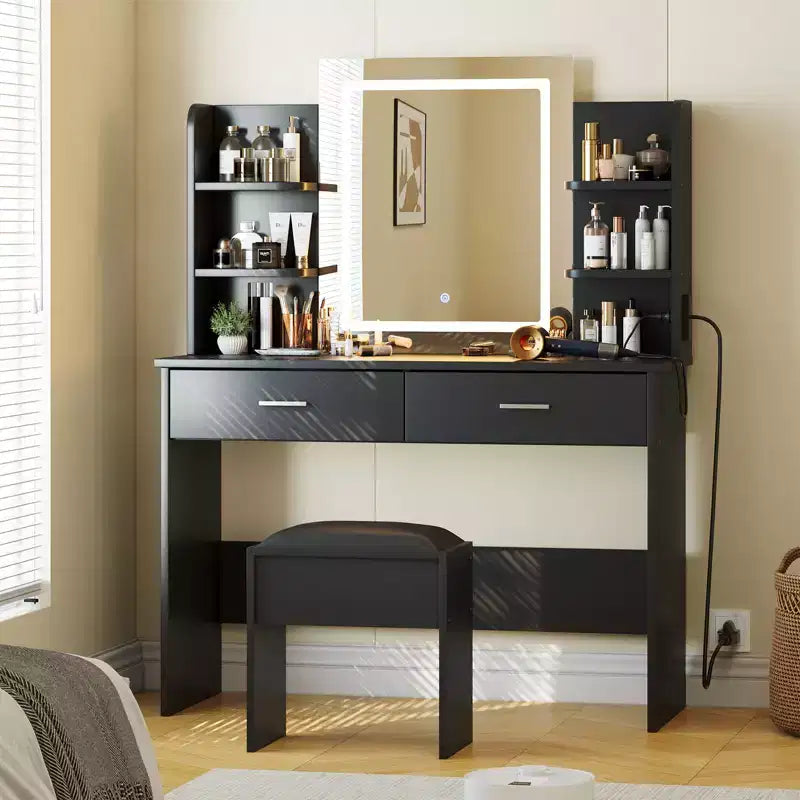 Vanity Desk, Makeup Vanity with Lighted Mirror, 3 Color Modes Makeup Table with Cushioned Stool