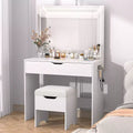 VECELO Vanity Desk Set with LED Lighted Mirror & Power Outlet, Makeup Table with Large Drawer, Storage Stool and Hair Dryer Stand for Bedroom, White