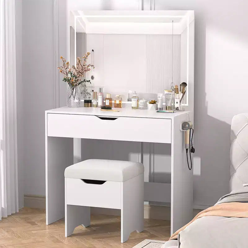 VECELO Vanity Desk Set with LED Lighted Mirror & Power Outlet, Makeup Table with Large Drawer, Storage Stool and Hair Dryer Stand for Bedroom, White