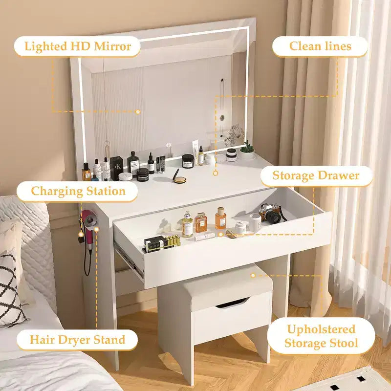 VECELO Schminktisch-Set mit LED-beleuchtetem Spiegel und Steckdose, Kosmetiktisch mit großer Schublade, Aufbewahrungshocker und Haartrocknerhalter für das Schlafzimmer, Weiß
