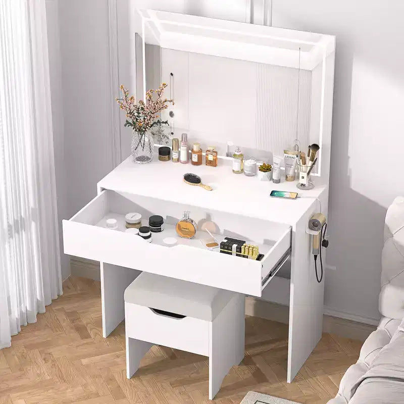 VECELO Schminktisch-Set mit LED-beleuchtetem Spiegel und Steckdose, Kosmetiktisch mit großer Schublade, Aufbewahrungshocker und Haartrocknerhalter für das Schlafzimmer, Weiß