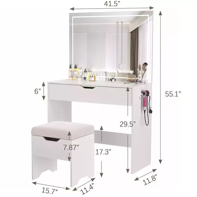 VECELO Schminktisch-Set mit LED-beleuchtetem Spiegel und Steckdose, Kosmetiktisch mit großer Schublade, Aufbewahrungshocker und Haartrocknerhalter für das Schlafzimmer, Weiß