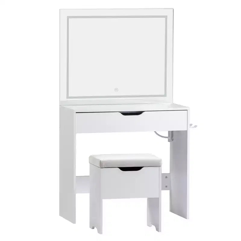 VECELO Schminktisch-Set mit LED-beleuchtetem Spiegel und Steckdose, Kosmetiktisch mit großer Schublade, Aufbewahrungshocker und Haartrocknerhalter für das Schlafzimmer, Weiß