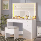 VECELO Vanity Desk Set with LED Lighted Mirror & Power Outlet, Makeup Table with Drawers, Storage Stool & Hair Dryer Stand for Bedroom, White