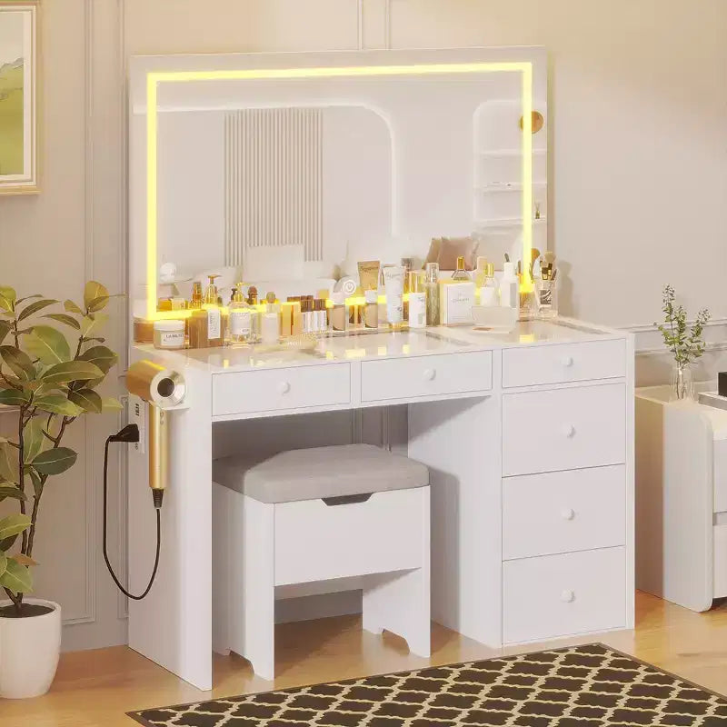 VECELO Schminktisch-Set mit LED-beleuchtetem Spiegel und Steckdose, Kosmetiktisch mit Schubladen, Aufbewahrungshocker und Haartrocknerhalter für das Schlafzimmer, Weiß