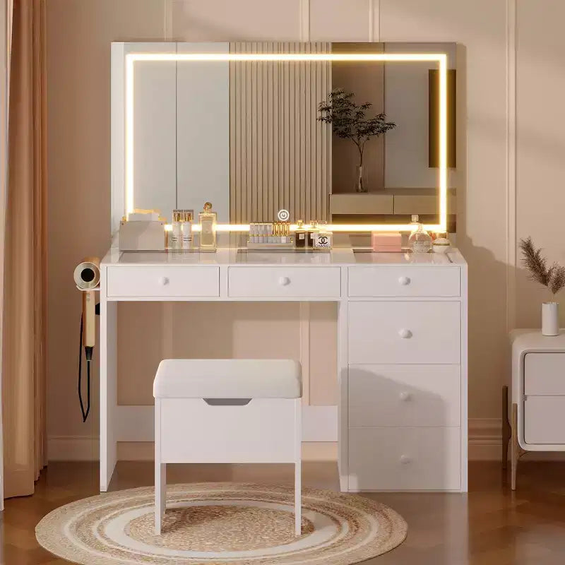 VECELO Schminktisch-Set mit LED-beleuchtetem Spiegel und Steckdose, Kosmetiktisch mit Schubladen, Aufbewahrungshocker und Haartrocknerhalter für das Schlafzimmer, Weiß