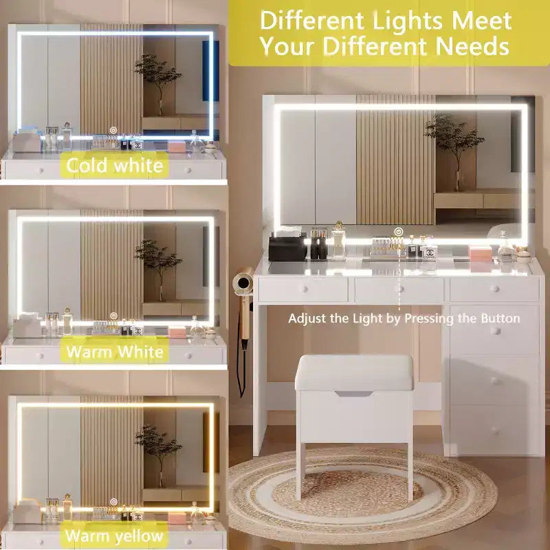 VECELO Schminktisch-Set mit LED-beleuchtetem Spiegel und Steckdose, Kosmetiktisch mit Schubladen, Aufbewahrungshocker und Haartrocknerhalter für das Schlafzimmer, Weiß