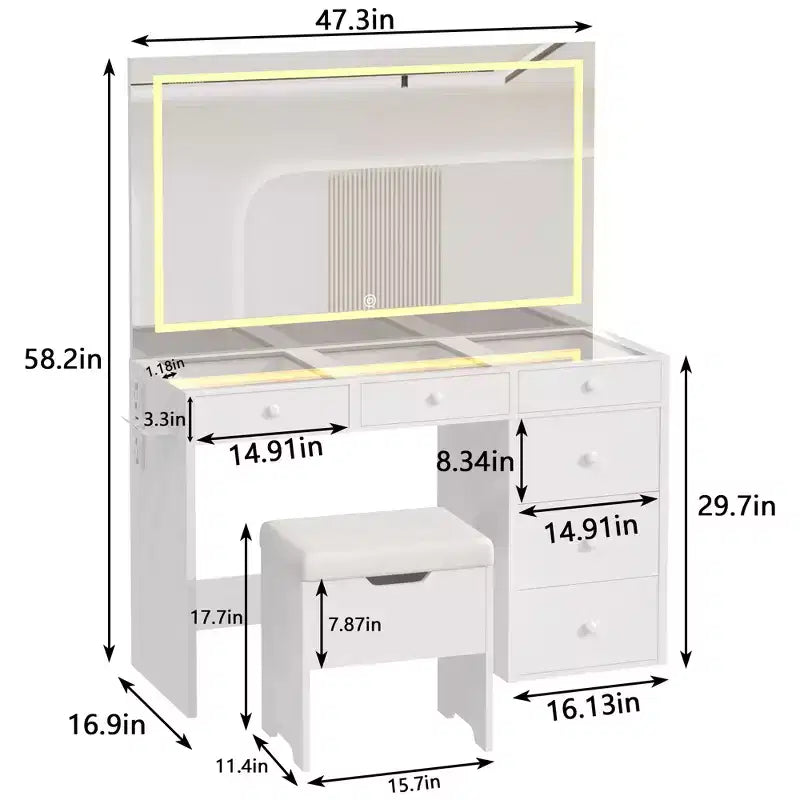 VECELO Schminktisch-Set mit LED-beleuchtetem Spiegel und Steckdose, Kosmetiktisch mit Schubladen, Aufbewahrungshocker und Haartrocknerhalter für das Schlafzimmer, Weiß