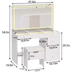 VECELO Schminktisch-Set mit LED-beleuchtetem Spiegel und Steckdose, Kosmetiktisch mit Schubladen, Aufbewahrungshocker und Haartrocknerhalter für das Schlafzimmer, Weiß