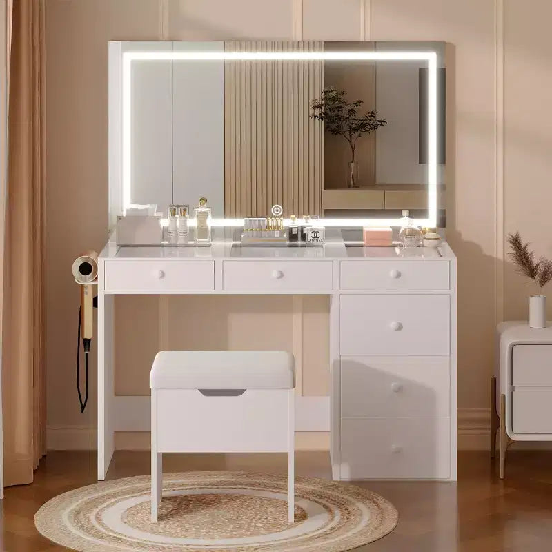 VECELO Schminktisch-Set mit LED-beleuchtetem Spiegel und Steckdose, Kosmetiktisch mit Schubladen, Aufbewahrungshocker und Haartrocknerhalter für das Schlafzimmer, Weiß