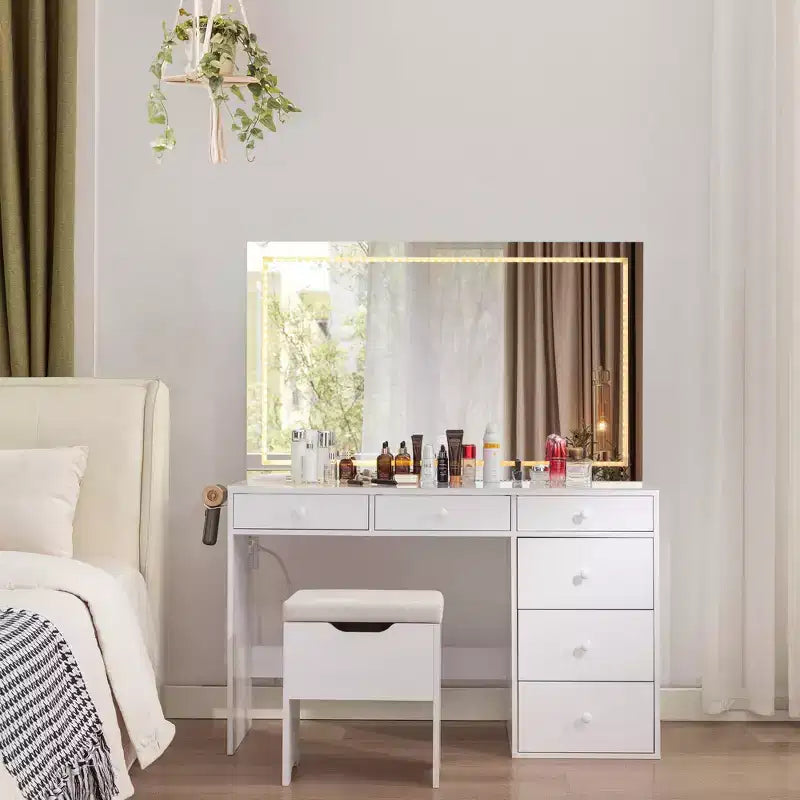 VECELO Schminktisch-Set mit LED-beleuchtetem Spiegel und Steckdose, Kosmetiktisch mit Schubladen, Aufbewahrungshocker und Haartrocknerhalter für das Schlafzimmer, Weiß