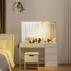 VECELO Schminktisch-Set mit LED-beleuchtetem Spiegel und Steckdose, Kosmetiktisch mit Schubladen, Aufbewahrungshocker und Haartrocknerhalter für das Schlafzimmer, Weiß