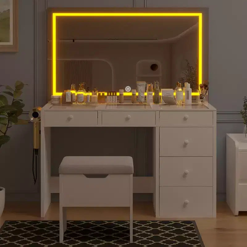 VECELO Schminktisch-Set mit LED-beleuchtetem Spiegel und Steckdose, Kosmetiktisch mit Schubladen, Aufbewahrungshocker und Haartrocknerhalter für das Schlafzimmer, Weiß