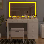 VECELO Schminktisch-Set mit LED-beleuchtetem Spiegel und Steckdose, Kosmetiktisch mit Schubladen, Aufbewahrungshocker und Haartrocknerhalter für das Schlafzimmer, Weiß