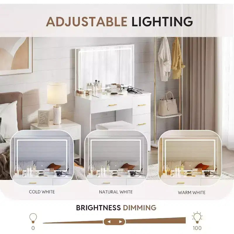 WAYES sminkasztal-szett LED-es tükörrel, töltőállomással, 4 fiókkal és tárolózsámollyal – 3 láb széles hálószobai sminkasztal, modern fehér