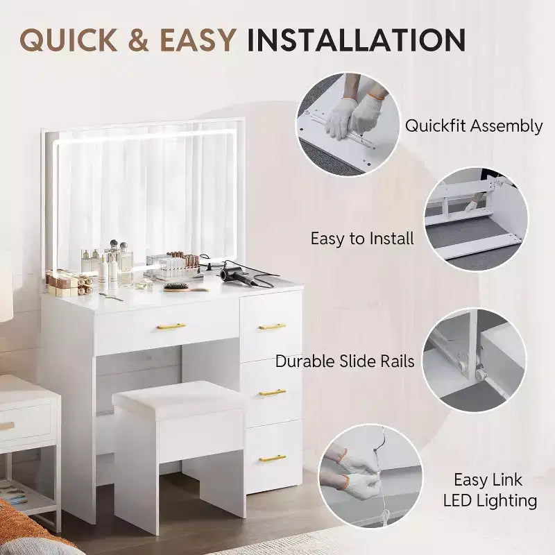 WAYES sminkasztal-szett LED-es tükörrel, töltőállomással, 4 fiókkal és tárolózsámollyal – 3 láb széles hálószobai sminkasztal, modern fehér