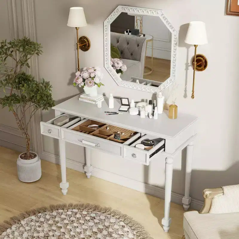 Toeletta ModernLuxe con specchio, cassetti e porta-gioielli, tavolo da trucco bianco, tavolo da toilette e postazione di bellezza salvaspazio