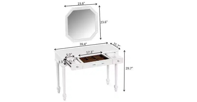 Toeletta ModernLuxe con specchio, cassetti e porta-gioielli, tavolo da trucco bianco, tavolo da toilette e postazione di bellezza salvaspazio