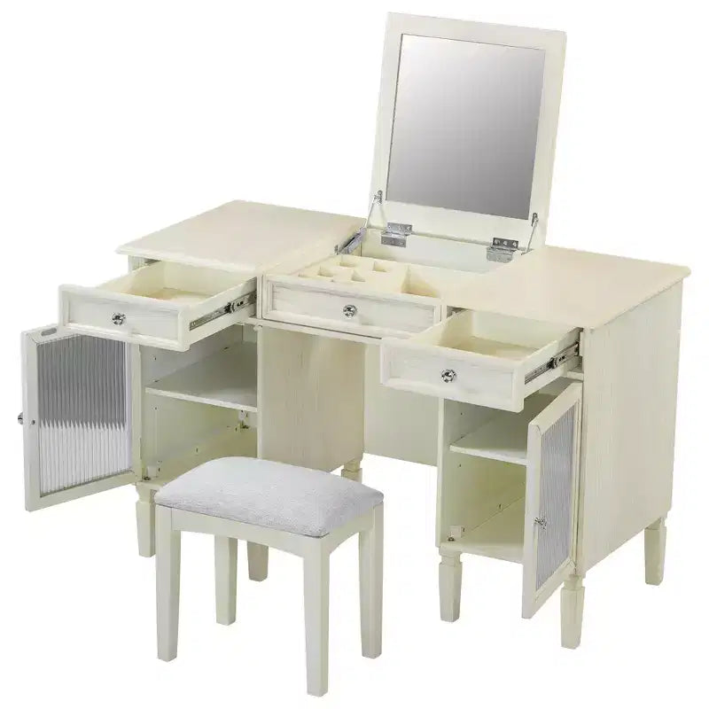 Escritorio tocador de maquillaje ModernLuxe con espejo abatible, taburete, cajón y armario, mesa tocador blanca, mesa de vestir multifuncional y escritorio para ordenador