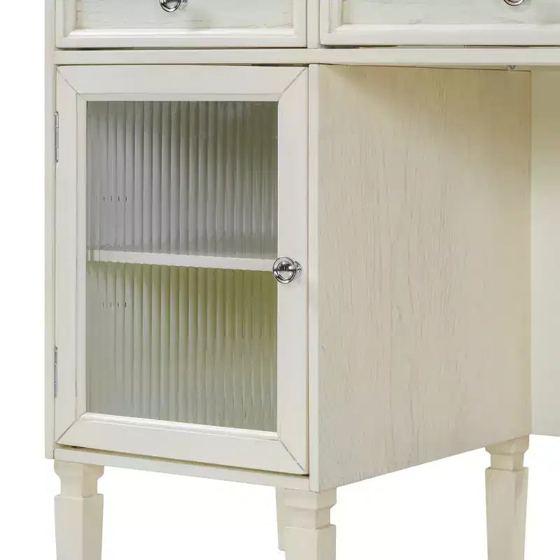 Escritorio tocador de maquillaje ModernLuxe con espejo abatible, taburete, cajón y armario, mesa tocador blanca, mesa de vestir multifuncional y escritorio para ordenador