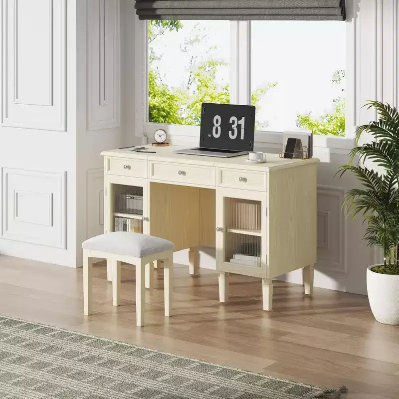Escritorio tocador de maquillaje ModernLuxe con espejo abatible, taburete, cajón y armario, mesa tocador blanca, mesa de vestir multifuncional y escritorio para ordenador