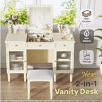 Escritorio tocador de maquillaje ModernLuxe con espejo abatible, taburete, cajón y armario, mesa tocador blanca, mesa de vestir multifuncional y escritorio para ordenador