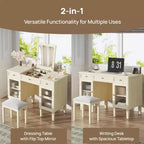 Escritorio tocador de maquillaje ModernLuxe con espejo abatible, taburete, cajón y armario, mesa tocador blanca, mesa de vestir multifuncional y escritorio para ordenador