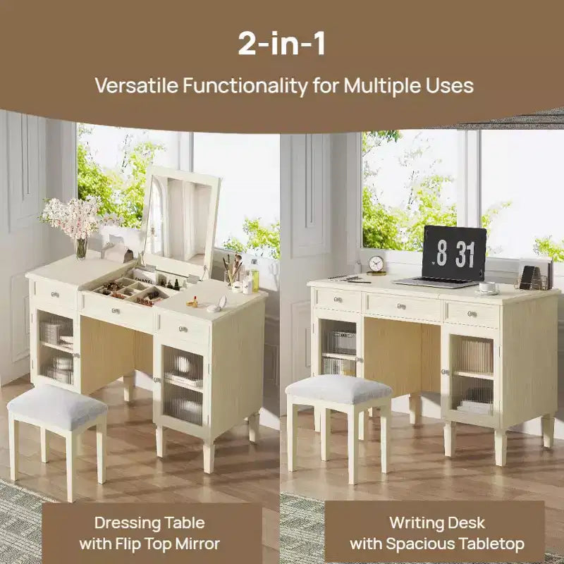 Escritorio tocador de maquillaje ModernLuxe con espejo abatible, taburete, cajón y armario, mesa tocador blanca, mesa de vestir multifuncional y escritorio para ordenador