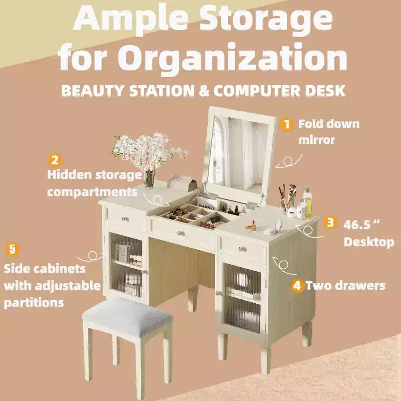 Escritorio tocador de maquillaje ModernLuxe con espejo abatible, taburete, cajón y armario, mesa tocador blanca, mesa de vestir multifuncional y escritorio para ordenador