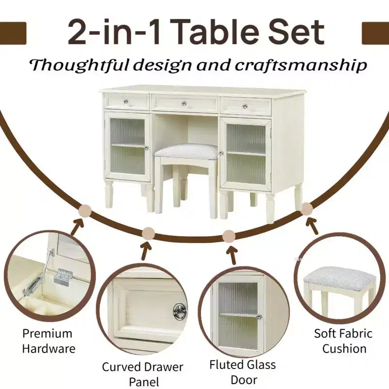 Escritorio tocador de maquillaje ModernLuxe con espejo abatible, taburete, cajón y armario, mesa tocador blanca, mesa de vestir multifuncional y escritorio para ordenador