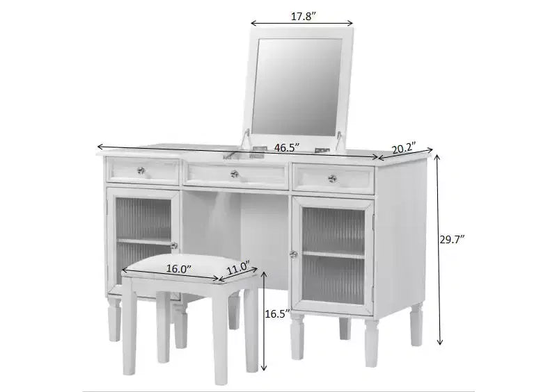 Escritorio tocador de maquillaje ModernLuxe con espejo abatible, taburete, cajón y armario, mesa tocador blanca, mesa de vestir multifuncional y escritorio para ordenador