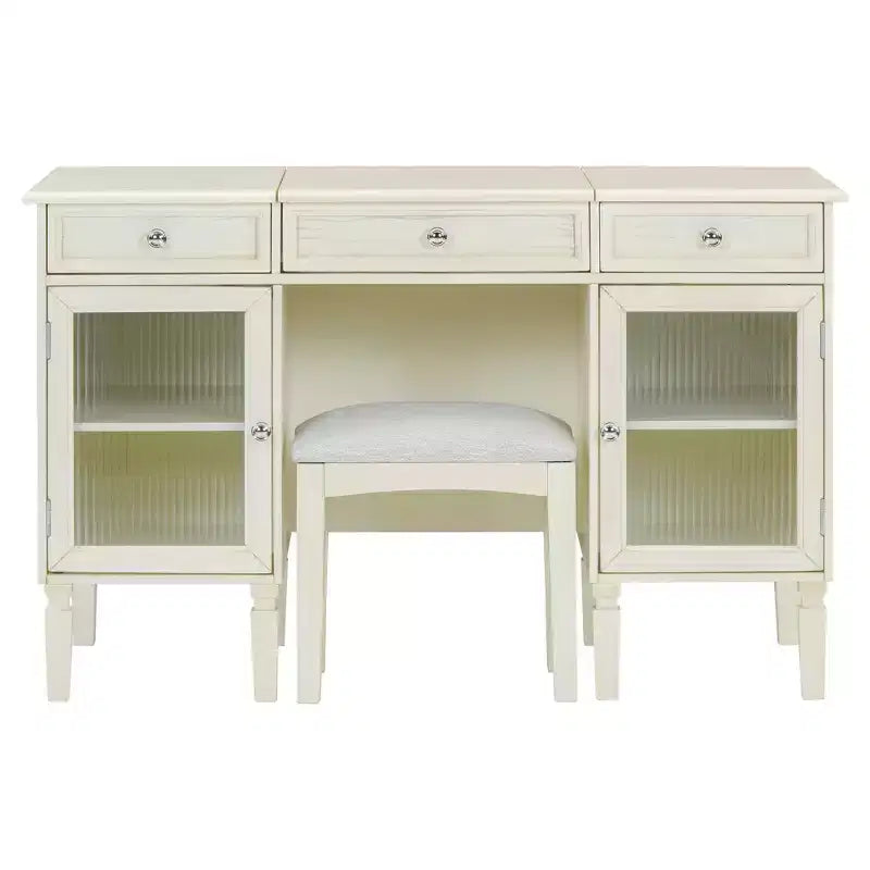 Escritorio tocador de maquillaje ModernLuxe con espejo abatible, taburete, cajón y armario, mesa tocador blanca, mesa de vestir multifuncional y escritorio para ordenador
