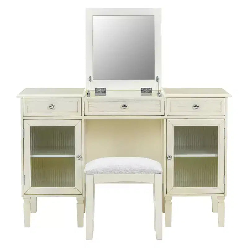 Escritorio tocador de maquillaje ModernLuxe con espejo abatible, taburete, cajón y armario, mesa tocador blanca, mesa de vestir multifuncional y escritorio para ordenador