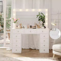 Vanity Desk with Mirror and LED Lights, White Makeup Vanity with 11 Drawers and a Power Strip, 3 Color Modes & Adjustable Brightness Dressing Table
