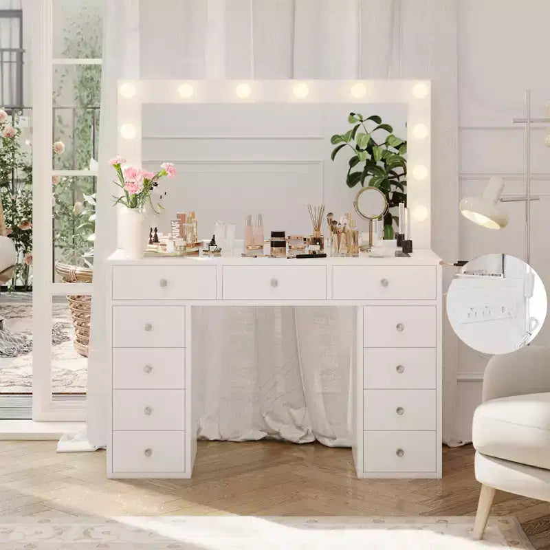 Vanity Desk with Mirror and LED Lights, White Makeup Vanity with 11 Drawers and a Power Strip, 3 Color Modes & Adjustable Brightness Dressing Table