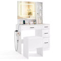 Costway 35.5 Makeup Table Set Vanity Desk with Mirror and Lights 2 Open Shelves Glass Top