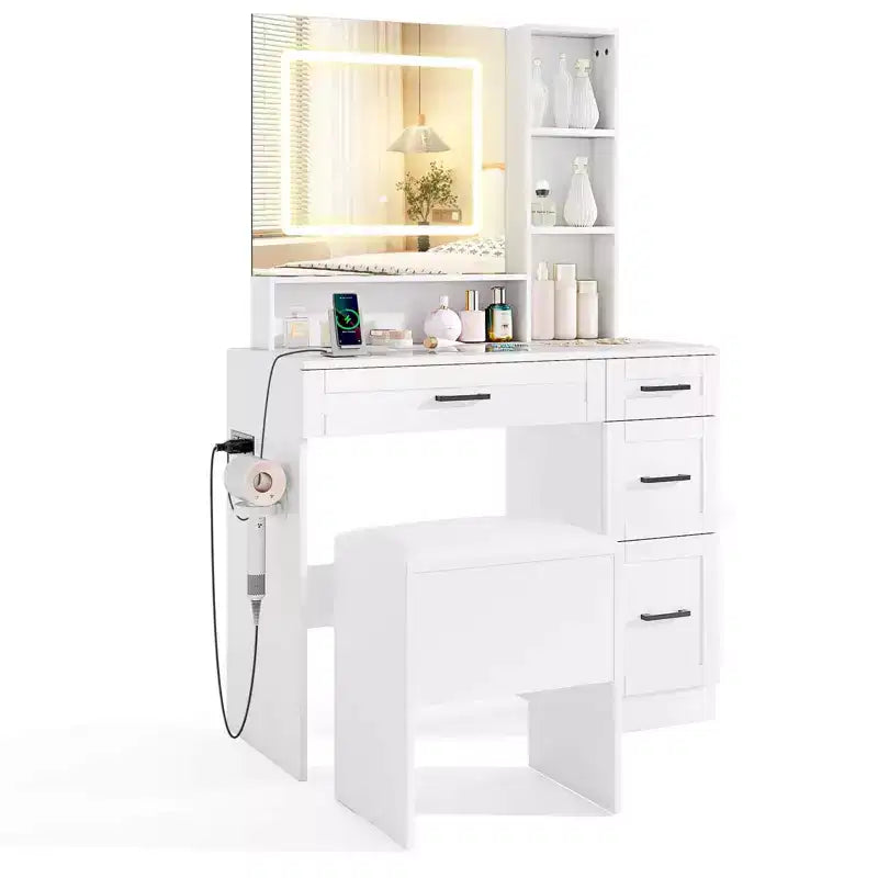 Costway 35.5 Makeup Table Set Vanity Desk with Mirror and Lights 2 Open Shelves Glass Top