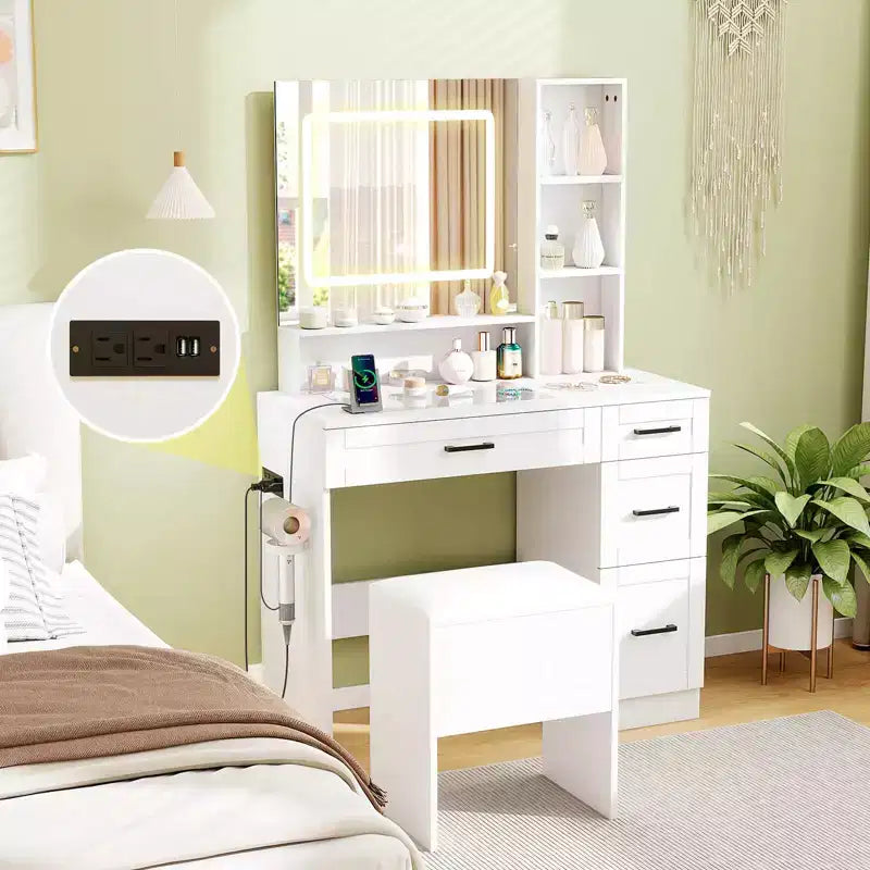 Costway 35.5 Schminktisch-Set mit Spiegel und Beleuchtung, 2 offene Regale, Glasplatte