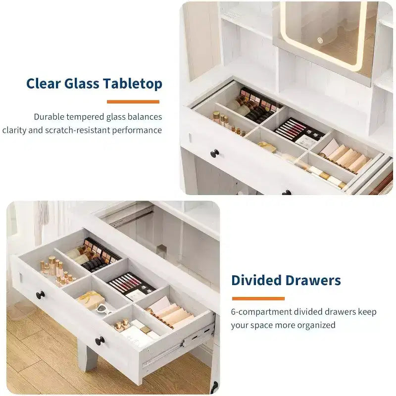 Schminktisch mit HD-Spiegel, LED-Beleuchtung und Ladestation, Schminktisch im Landhausstil mit 2 Schubladen, gepolstertem Hocker und Ablagefächern für Zuhause