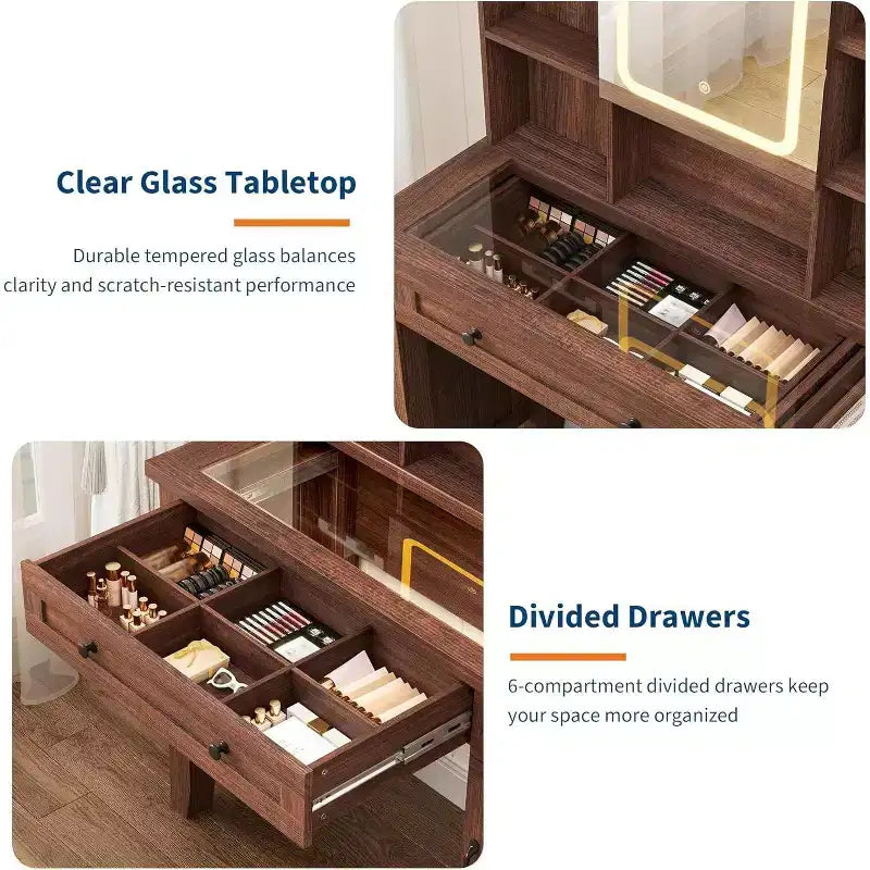 Schminktisch mit HD-Spiegel, LED-Beleuchtung und Ladestation, Schminktisch im Landhausstil mit 2 Schubladen, gepolstertem Hocker und Ablagefächern für Zuhause