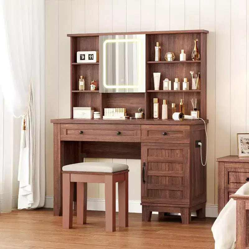 Vanity Desk with HD Mirror, LED Lights and Charging Station, Farmhouse Makeup Table with 2 Drawers & Cushioned Stool Dressing Table Shelves for Home
