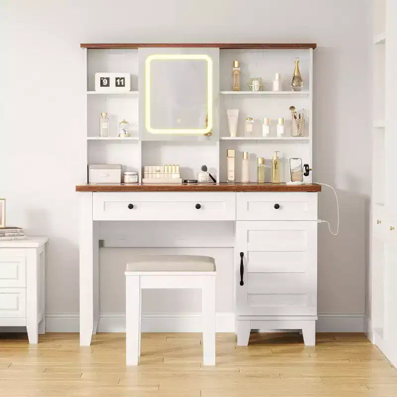 Escritorio tocador con espejo HD, luces LED y estación de carga, mesa tocador para maquillaje estilo granja con 2 cajones, taburete acolchado y estantes para el hogar