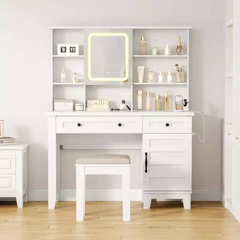 Escritorio tocador con espejo HD, luces LED y estación de carga, mesa tocador para maquillaje estilo granja con 2 cajones, taburete acolchado y estantes para el hogar
