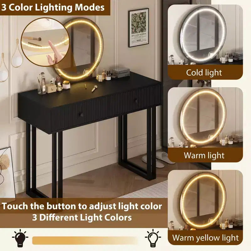 Toilettafel met spiegel en verlichting, make-uptoilettafel met 2 laden, moderne organizer voor cosmetica met verlichting in 3 kleuren