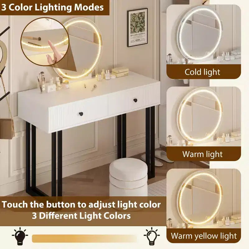 Toilettafel met spiegel en verlichting, make-uptoilettafel met 2 laden, moderne organizer voor cosmetica met verlichting in 3 kleuren