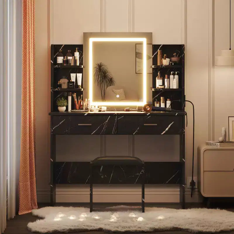 CuisinSmart Makeup Vanity Set, 3 Color Modes Makeup Table with Cushioned Stool, 2 Drawers, Open Shelves, Modern Dressing Table for Bedroom