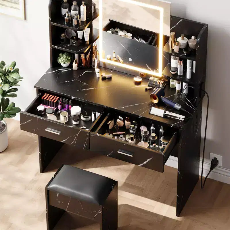 CuisinSmart Makeup Vanity Set, 3 Color Modes Makeup Table with Cushioned Stool, 2 Drawers, Open Shelves, Modern Dressing Table for Bedroom