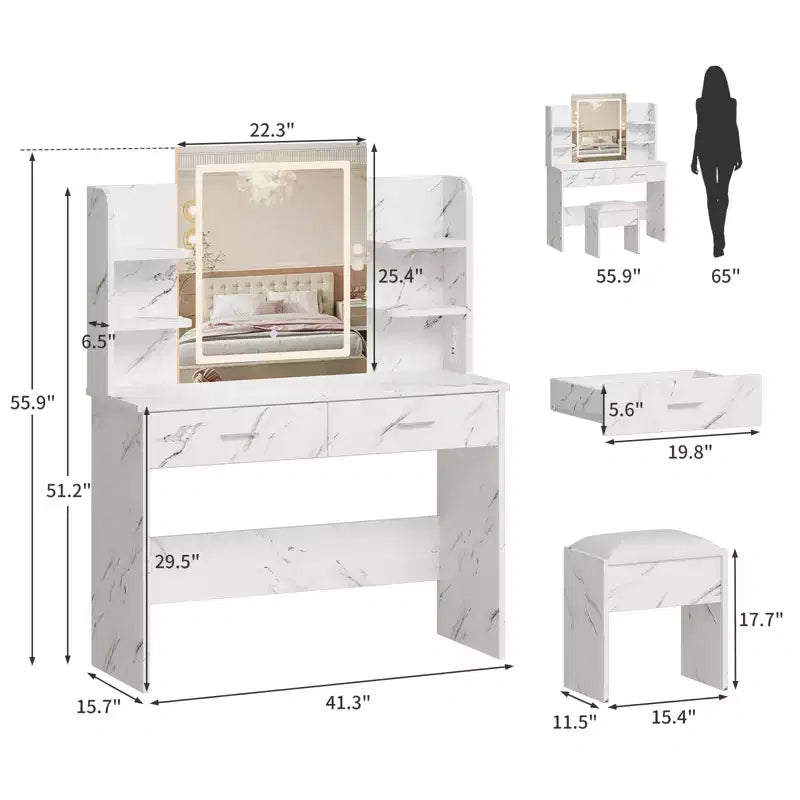 CuisinSmart Makeup Vanity Set, 3 Color Modes Makeup Table with Cushioned Stool, 2 Drawers, Open Shelves, Modern Dressing Table for Bedroom